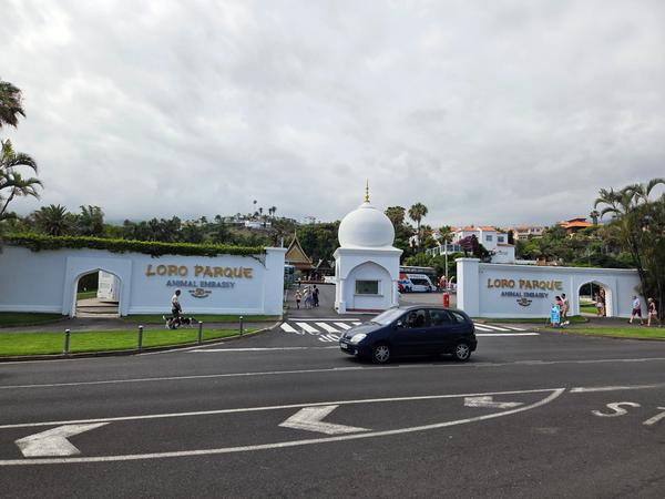 Entrada de Loro Parque Entrada principal de Loro Parque en Puerto de la Cruz, con cúpula blanca y letrero dorado celebrando 50 años.