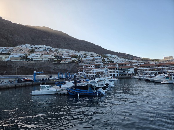 Puerto de Los Gigantes Puerto de Los Gigantes con varias embarcaciones amarradas y edificios escalonados sobre la ladera volcánica.