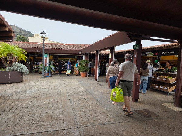 Zona cubierta del mercadillo de Tegueste con puestos de productos frescos y visitantes comprando.